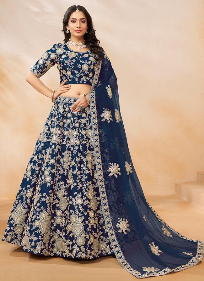 Art Silk Dark Blue Wedding Wear Thread Work Lehenga Choli